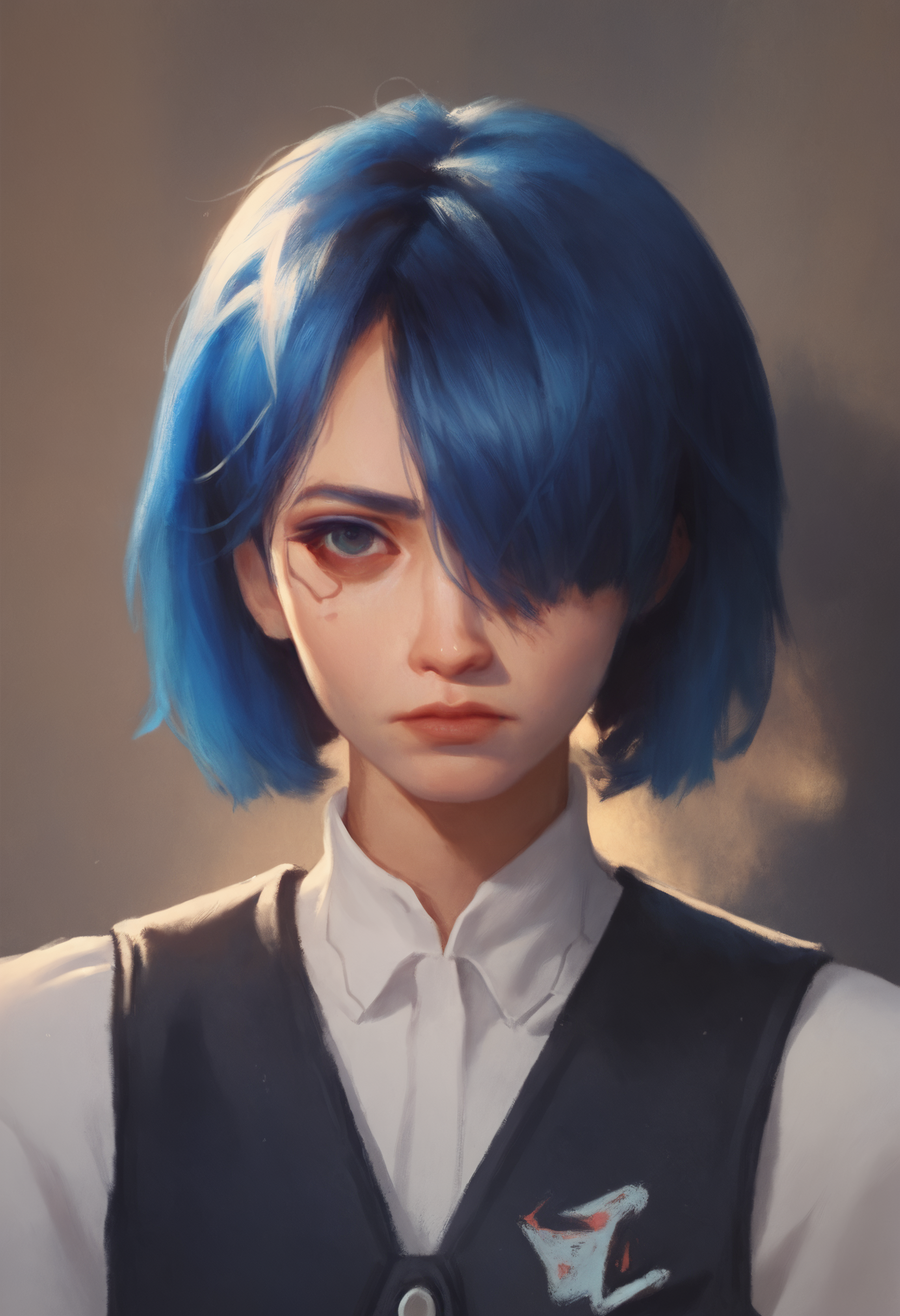 <lora:Smudge_2:0.8> liu2, oil paint, score_9, score_8_up, score_7_up, 1girl, solo, closeup portrait, [cyberpunk facial implants:0.6], wearing vest, hair covering one eye, bob hair, blue hair,