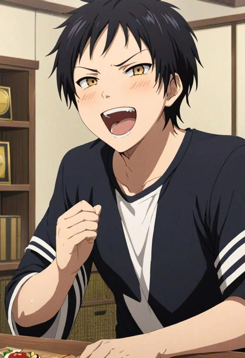 Sasuke Tsubaki, Yellow Eye, masterpiece, best quality, (1boy), solo, male focus, High definition, Black hair, 4K, laughing