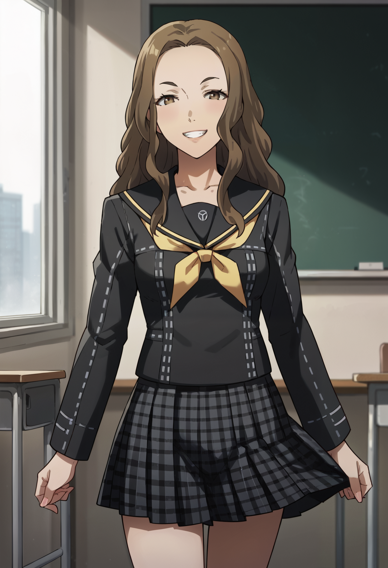 score_9, score_8_up, source_anime
1 girl, solo,
p4konishi, brown hair, long hair, wavy hair, brown eyes,
p4konishi-uni, school uniform, yasogami school uniform, skirt, serafuku, houndstooth,
classroom, standing, smile, teeth, v, looking at viewer,
masterpiece, best quality, ultra detailed,