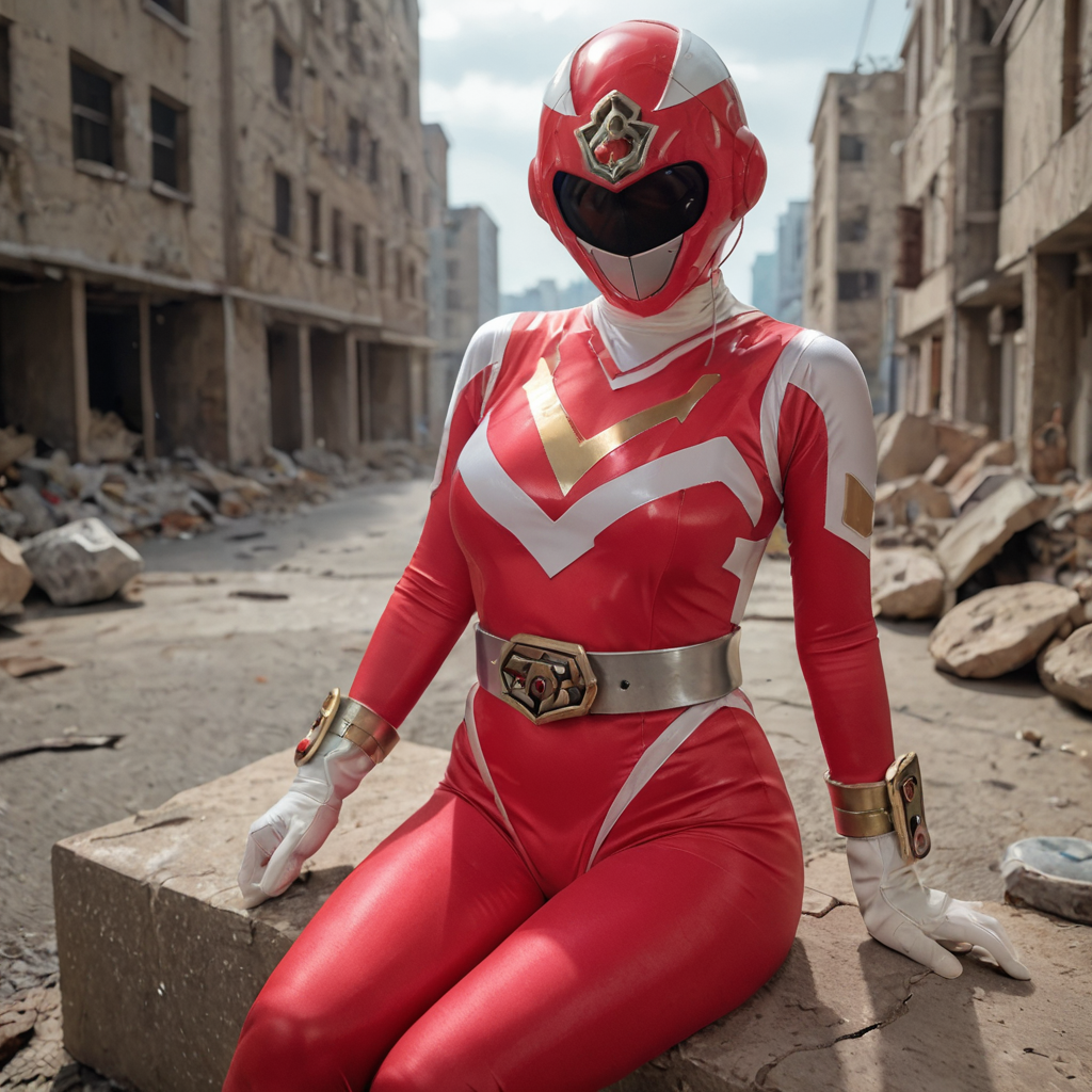 20yo, score_9, score_8_up, score_7_up, shiny oild skin, 
sentaisaintforce, red bodysuit, silver belt, white gloves, spandex, wing-shaped chest symbol, large breasts, helmet removed, no headwear, 
 city ruin, rubble, sitting, 
 <lora:Saint_Force:0.8>
