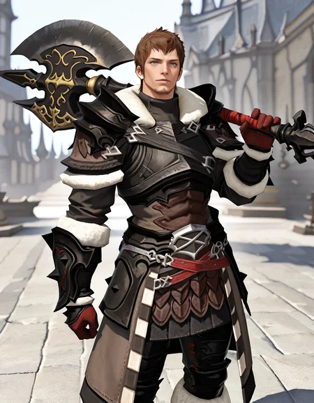 masterpiece, best quality, newest, perfect quality, best quality, detailed background, intricate details, male focus, solo, realistic, <lora:FFXIV - Ardbert Hylfyst - Illustrious 2_3-000004:0.7>, ardbert_ffxiv, 1boy, mature male, short hair, brown hair, blue eyes, goatee, fur-trimmed collar, fur-trimmed pauldrons, armor, fur-trimmed gloves, tassets, fur-trimmed boots, holding axe, axe on shoulder