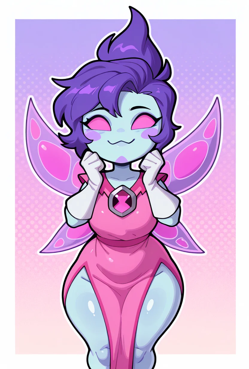 <lora:peskydust-09:1> peskydust, blue skin, fairy wings, blush stickers, 1girl, white gloves, pink eyes, pink dress, purple hair, <lora:welwraith-guy90-Illust-Lycorisv1:1> welith, curvy, shortstack, dynamic pose, :3, bangs, no pupils,, masterpiece, best quality, amazing quality, very aesthetic, absurdres, newest,, upper body, halftone effect, white borders, abstract background:1.2,