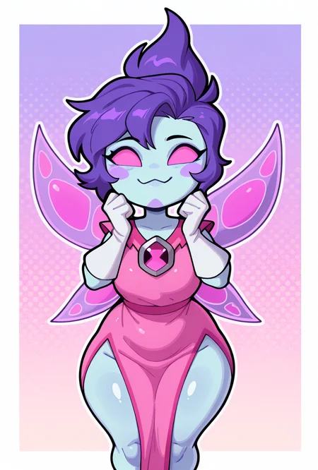 <lora:peskydust-09:1> peskydust, blue skin, fairy wings, blush stickers, 1girl, white gloves, pink eyes, pink dress, purple hair, <lora:welwraith-guy90-Illust-Lycorisv1:1> welith, curvy, shortstack, dynamic pose, :3, bangs, no pupils,, masterpiece, best quality, amazing quality, very aesthetic, absurdres, newest,, upper body, halftone effect, white borders, abstract background:1.2,