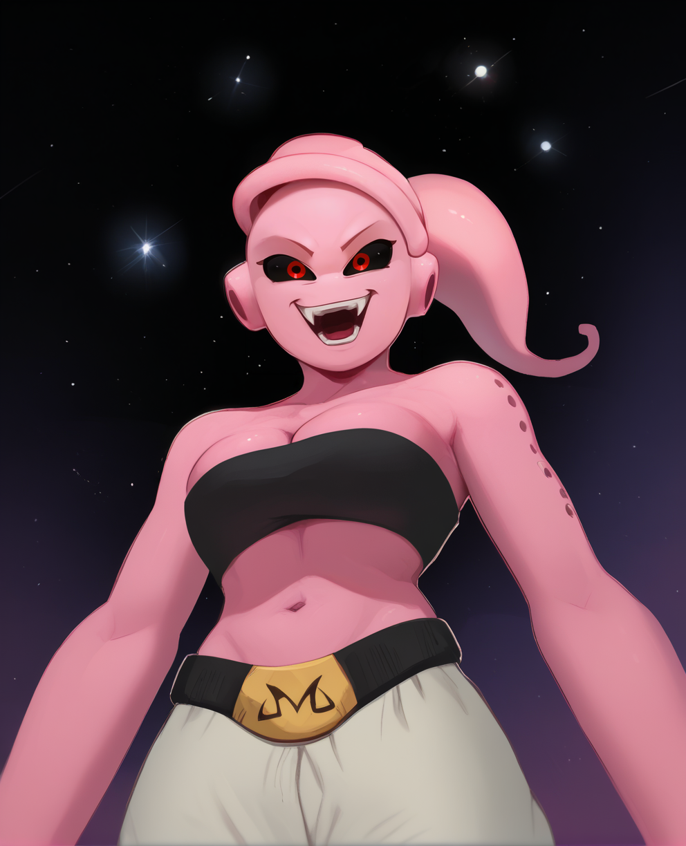 score_9,score_8_up,score_7_up,nude,
Fmajin,pink skin,red eyes,black sclera,pink tentacle hair,ponytail,looking at viewer,open mouth,
baggypants,belt,black tube top,midriff,cleavage,bare shoulders,M,shoulder holes,
evil smile,from below,
stars,space,milky way,
solo,<lora:FemaleMajin:0.9>,solo,