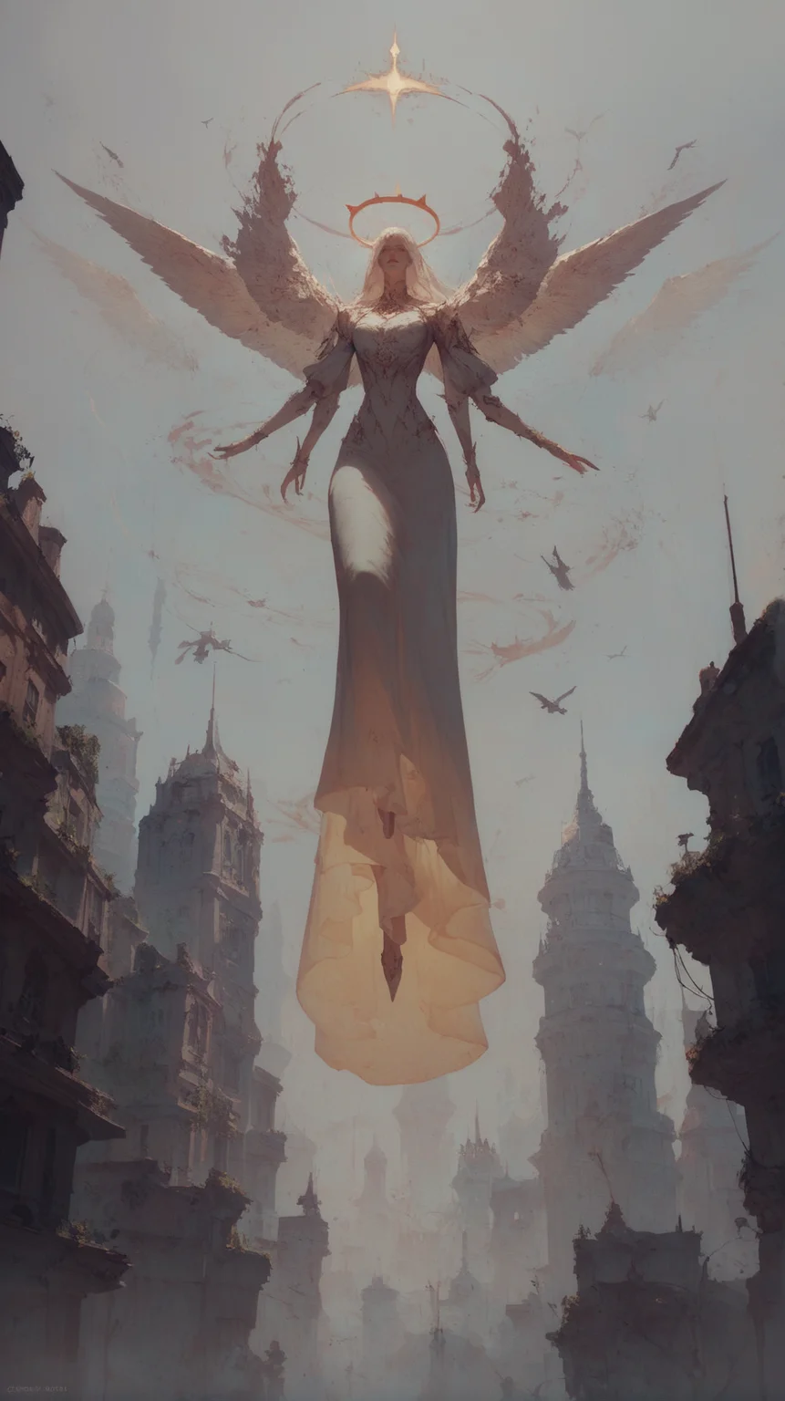 score_9, score_8_up, score_7_up, score_6_up, distant goddess flying above a city, enormous, long dress, golden halo, gritty, <lora:Concept Art Twilight Style SDXL_LoRA_Pony Diffusion V6 XL:0.8>, Transcendent, ethereal, otherwordly, dreamlike, dreamy, atmospheric, Phantasmagorical, Spectral,