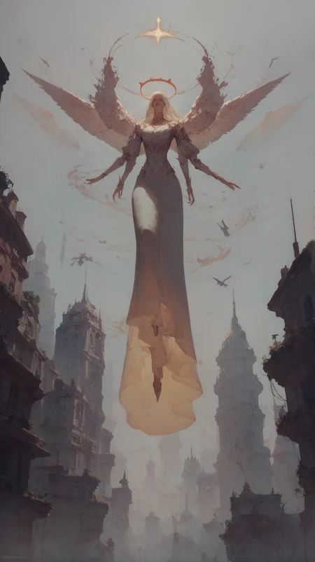 score_9, score_8_up, score_7_up, score_6_up, distant goddess flying above a city, enormous, long dress, golden halo, gritty, <lora:Concept Art Twilight Style SDXL_LoRA_Pony Diffusion V6 XL:0.8>, Transcendent, ethereal, otherwordly, dreamlike, dreamy, atmospheric, Phantasmagorical, Spectral,