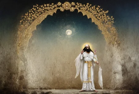 moon cycle arches above Cyrus the great in a long white dress meets with Zartosht, gold scrollwork, novuschroma style, daguerreotype photo