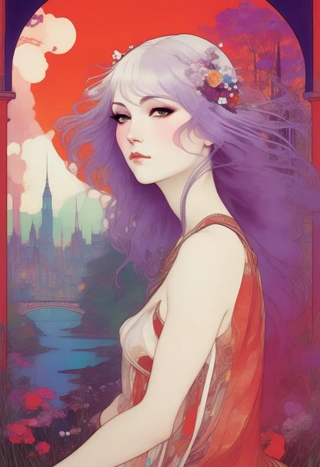 ,tj,LocationInformation,in the style of 2d game art,characterized woman,dmitry vishnevsky, neon purple and red white,cute and dreamy,editorial illustrations,kawai girl ,, white wild hair with single braid, dreamy green eyes, detailed drawing, by (Alphonse Mucha), vivid paint brushes, wild flowers, misty dreamlike cityscape ruins in background