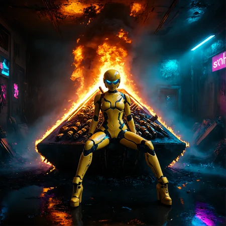 girls, cyborg, woman, biorobot, yellow, metall flake, costume, glittering, futuristic, golden outfit, sitting on the pile of skulls, skull under right leg, scifi post-apocalyptic theme, scratches, dents, rusty, shabby, heavy used outfit, black visor, sniper, rifle, right hand point to the viewer, blood splats, burnings in the room, traces of fire, in a neon cyber city, colorful, high contrast lighting, symmetric shot, smooth contours and sharp lines, sci-fi element, 3d rendering , atmospheric, best quality, sharp focus, high contrast, stylized, dark, clear, surreal, ultra quality, 8k, best quality, masterpiece, midjourneyv6.1, detailmaximizer <lora:MidjourneyV6.1:1> <lora:d\EnvyZoomSliderXL01:-3> <lora:add-detail-xl:1> <lora:SDXL_Breast Size Slider:0.5> <lora:Realism_Lora_By_Stable_yogi_SDXL8.1:1.2> <lora:Mechanism-pdxl-1:0.1> <lora:cinematic color motion picture film style:0.9> <lora:aidmaImageUpgraderSDXL-v0.3:0.4> <lora:S1_Dramatic_Lighting_v3:0.55> <lora:zy_Realism_Enhancer_v1:0.6> <lora:SDXLFaeTastic2400:0.1> <lora:SDXLHighDetail_v6:0.3> <lora:SDXL_dark:0.45>
