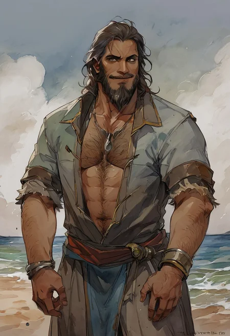 score_9, score_8_up, 1boy, IfanBM, mature male, tan skin, facial hair, muscular, ((beard)), (brown hair, grey streaks), ((fantasy style clothing)), (beach paradise), watercolor \(medium\), traditional media, hairy chest, very hairy, (looking at viewer flustered), dutch angle, Expressiveh, smirk, lips slightly apart, sexy posing, ((fantasy clothing)), jewelry, manly, necklace, bracelet, dynamic pose,