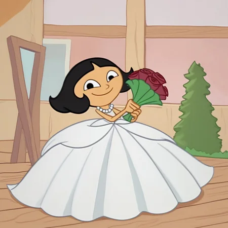 LeeLeeDL, 1girl, black hair, bob cut, blunt bangs, black eyes, Very long large straight tulle white princess ball gown hoop skirt, ball gown hoop skirt, white princess dress, pearl necklace, hoopdress, my big princess gypsy wedding dress, ballgown, a girl in a dress posing like a princess for a picture, wearing a sleeveless ballgown, looking at viewer, closed mouth, smiling like a princess, posing like a princess, holding a bouquet of roses with both hands
