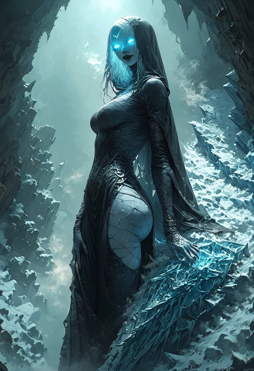 score_9, score_8_up, score_7_up, 1girl, solo, (black-skin:1.3), starry skin, (ice-skin:1.3, translucent skin, (snow skin), (ice body), black lipstick, white glowing eyes, white long hair, breath steam, smoke effect, goddess, hourglass figure, full body veil, metal veil, hood up, jewellery, slutty Smile, skank, slutty, seductive, large breasts, large ass, thigh gap, large thigh, side view, (looking down at the viewer,looking back, from behind), Expressiveh, sinozick style, flat color, dark theme, hkevil, ice