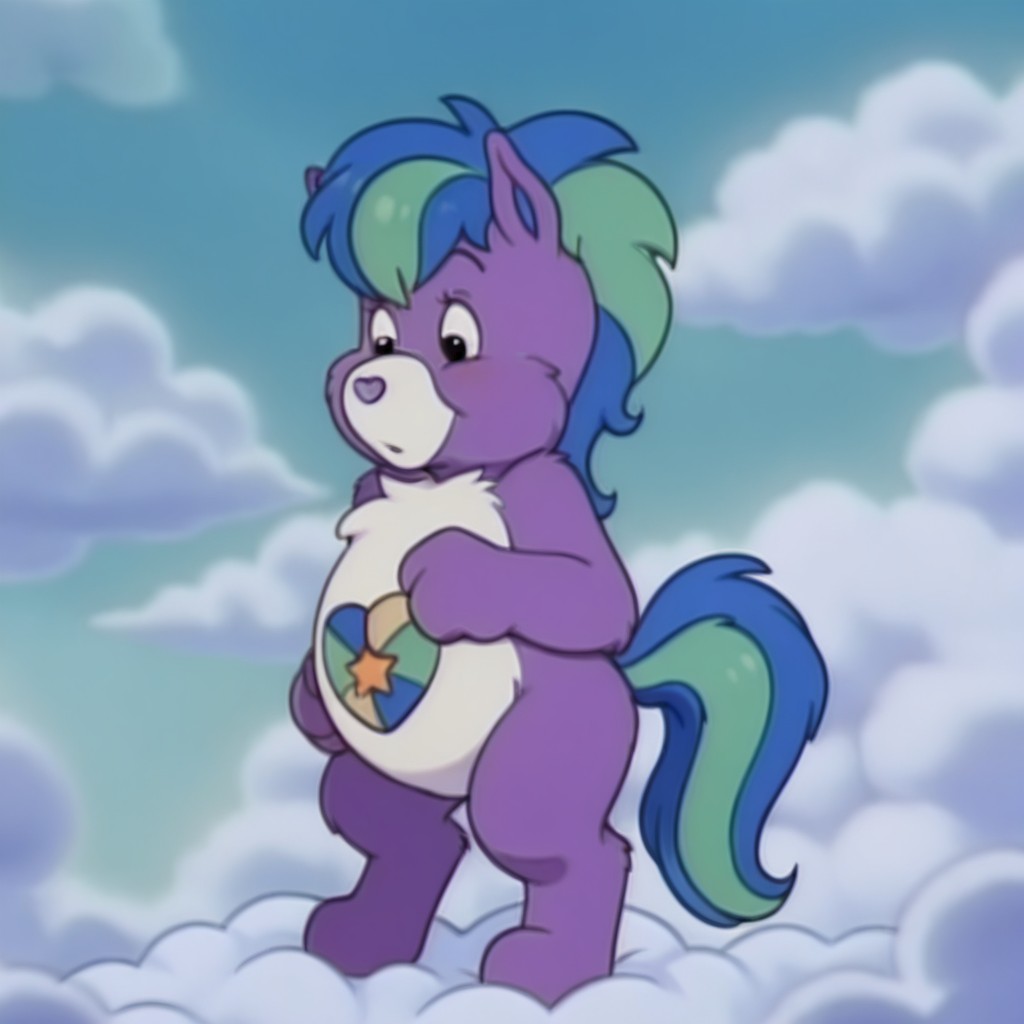 masterpiece, best quality, amazing quality,  NobleHrtil, semi-anthro, male, horse, purple fur, black eyes, blue hair green highlights, blue tail green highlights, tummy symbol, on a cloud, solo, full body, cloud background, standing, <lora:cf10d1dc-467c-4945-babd-8d0ba3f2a562:1.0>