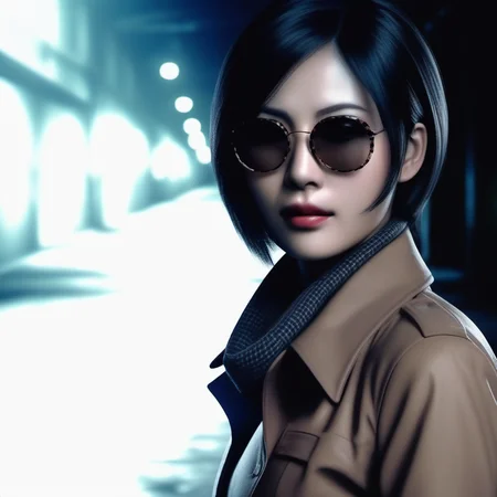 Ultra-realistic extremely detailed real life 8k masterpiece of a gorgeous asian woman re ada wong <lora:re ada wong:0.7> wearing black pantyhose tan incognito coat with checked scarf and sunglasses in a dark alley at night, extremely detailed facial features, dark scary epic lighting, horror composition