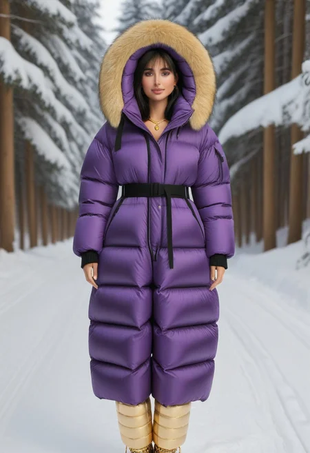 ((((puffer padded jacket)))), ((((puffer padded coat)))), ((((full body)))), ((((fur boots)))), ((((puffer pants)))), ((((puffer hood up)))), winter, snow, forest, 1girl, solo, (masterpiece), detailed face, detailed eyes, (beautiful detailed eyes:1.5), sidelighting, (super detail, hyper detail, intricate_details, detailed), (semi realistic:1.6), (Bob cut), blunt bangs,(black hair), (purple eyes, eyelashs), tanned skin, smug smile, angry face, Golden jewelery, golden rings, golden necklace, golden armlets, golden chains, padded cuffs, padded collar, Thick padded cuffs, Thick padded collar, <lora:Collar-SDXL:0.6>, <lora:Cuffs-SDXL:0.6>, <lora:Puffer_Jacket_and_Down_Jacket_-_Extra_Puffy_Jackets:0.4>, <lora:snowpants_v1:0.4>