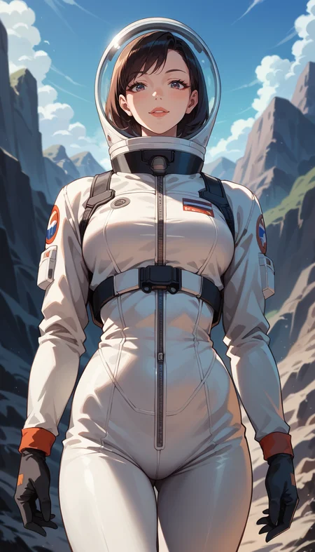 score_9, score_8_up, score_7_up, Anime Style, Cowboy Shot, girl, astronaut, cute, seductive, innocent, light smile:0.3, plump lips, slender body, high detailed futurist spacesuit, textured clothing, lunar landscape background, depth of field, dynamic angle, fashion photography, sharp, hyperdetailed:1.15