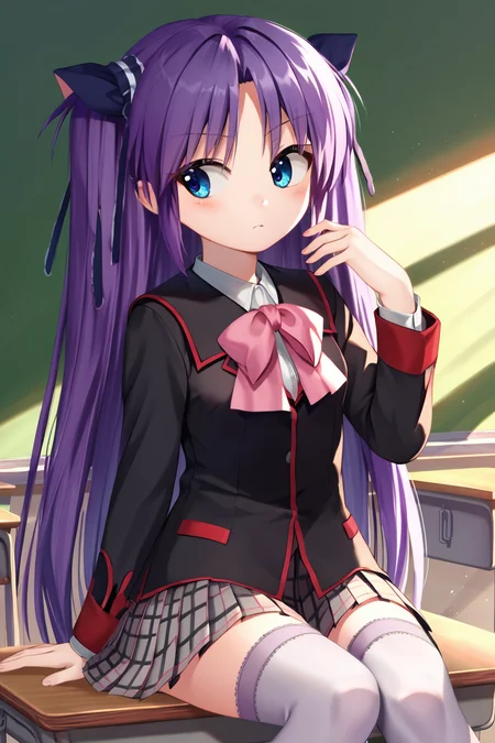 zPDXL2, rating_questionable, source_anime, 4k quality, detailed background, detailed eyes, natural lighting, classroom, classroom desk, sitting, daydreaming, (looking away), hand up, <lora:sasasegawa-sasami-xl-05:1>, sasasegawa sasami, small breasts, long hair, purple hair, blue eyes, black uniform with red trim and pink bow, pleated grey plaid skirt, white thighhighs