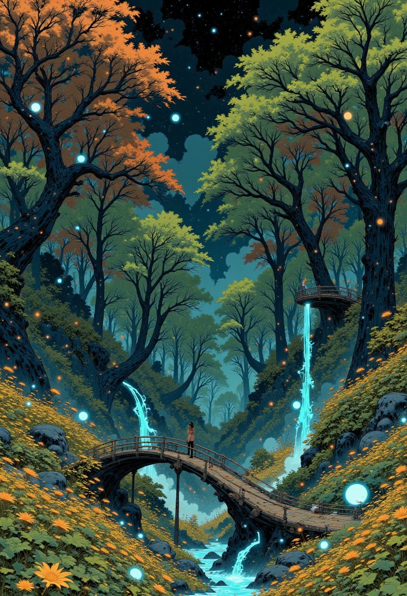 The Nebula Orchard of Silent Echoes
A gravity-defying orchard, where celestial fruit trees bloom in the weightless void, their leaves shimmering in hues of copper, periwinkle, and soft jade. The ground beneath them is made of bioluminescent moss, shifting from deep emerald to radiant violet underfoot. Suspended walkways of woven bamboo and glowing mycelium weave between the trees, their branches heavy with orbs of glowing silver fruit that pulse softly, as if breathing. The air is thick with the scent of crushed fig leaves, honeyed rain, and distant pine, while the soft murmur of unseen cosmic currents brushes against the orchard.