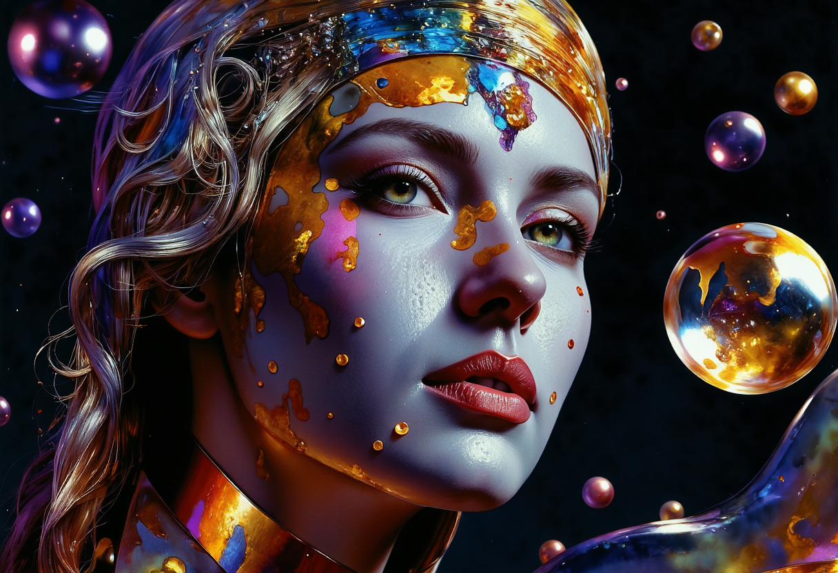 nixeu style A Portrait by a Dorota Pietrowiak, digital painting in a 2 vibrant use of (snellâs law) how light travels through the lenses of sphereâs creating a spectrum of iridescent colors, precise, fractal design, flowing curves, precision, colorful, fractal geometry, harmonic interference, digital illustration, photo manipulation, altered realities, fantastical scenes, digital artistry, striking visuals, masterpiece, best quality, highres, high detail, sharp focus, detailed background, light reflection, photorealistic,  <lora:flux.1_lora_surreal-tones_v1:0.05> <lora:style_of_Martin_Johnson_Heade_flux:0.4> <lora:LessOfAFailure-flux:0.3> <lora:Epic_gorgeous_Details-flux.1:0.6> <lora:Color_World_-_s1_g4-flux:0.4> <lora:Fluxartis_IIB:0.5>