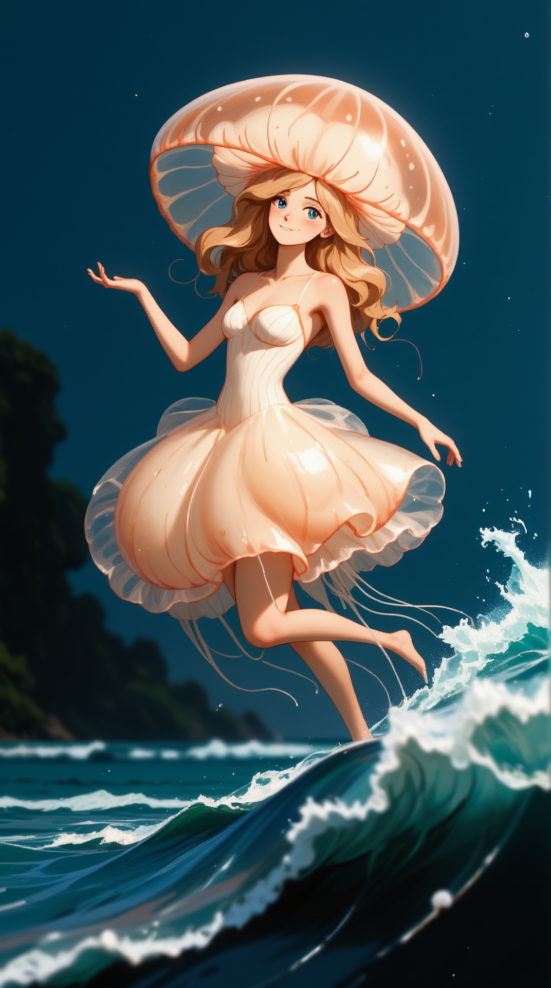 score_9, score_8_up, score_7_up, score_6_up, <lora:JellyfishHybridPDXL:1>Caramel jellyfishhybrid, a hybrid between a jellyfish and a human, incarnate, Jafar, depth of field, One Hand Touching Face, no legs, in location in a quaint seaside inn, with waves lapping gently nearby, best quality, masterpiece quality