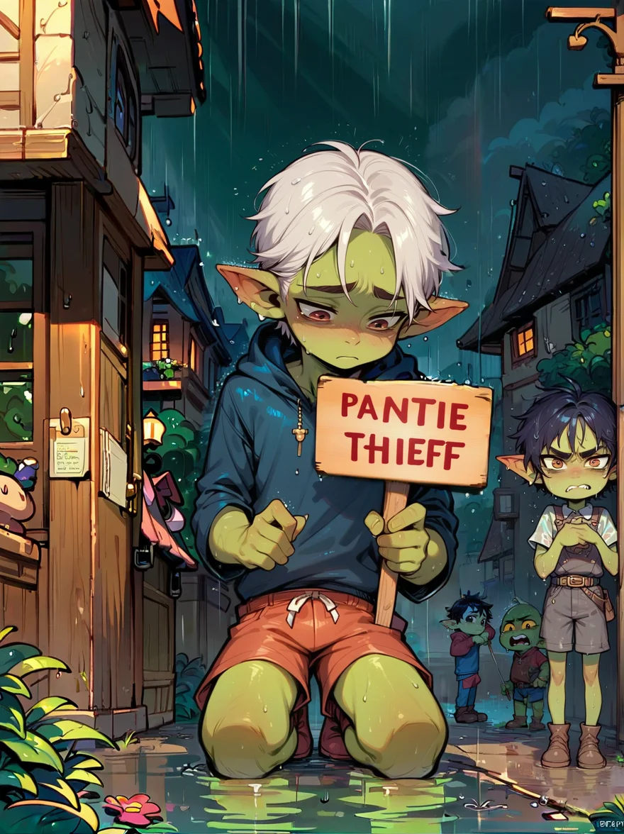 score_9,score_8_up,score_7_up, 1boy, green skin, tiny man, very short guy, smaller man, young man, skinny boy, a goblin kneeling in the rain, tied, with a holding a sign, dartk (/theme), rain, wet hair, sad, looking down, in a village, fantasy(/themes:1.2), <lora:add-detail-xl:0.8> <lora:princess_xl_v2:0.8> <lora:officialpit_v2-8:0.3> <lora:Expressive_H:0.8> Expressiveh <lora:LineArt Mono Style LoRA_Pony XL v6:0.6> zPDXL
BREAK ( wood sign that says:1.9)("Pantie Thief" ) ("Pantie Thief" ) ("Pantie Thief" ) ("Pantie Thief" ) ("Pantie Thief" ) ("Pantie Thief" ) <lora:texta:2>, (wood:1.5)