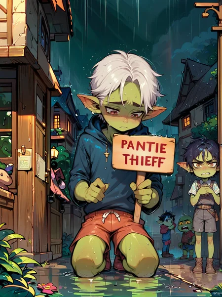score_9,score_8_up,score_7_up, 1boy, green skin, tiny man, very short guy, smaller man, young man, skinny boy, a goblin kneeling in the rain, tied, with a holding a sign, dartk (/theme), rain, wet hair, sad, looking down, in a village, fantasy(/themes:1.2), <lora:add-detail-xl:0.8> <lora:princess_xl_v2:0.8> <lora:officialpit_v2-8:0.3> <lora:Expressive_H:0.8> Expressiveh <lora:LineArt Mono Style LoRA_Pony XL v6:0.6> zPDXL
BREAK ( wood sign that says:1.9)("Pantie Thief" ) ("Pantie Thief" ) ("Pantie Thief" ) ("Pantie Thief" ) ("Pantie Thief" ) ("Pantie Thief" ) <lora:texta:2>, (wood:1.5)