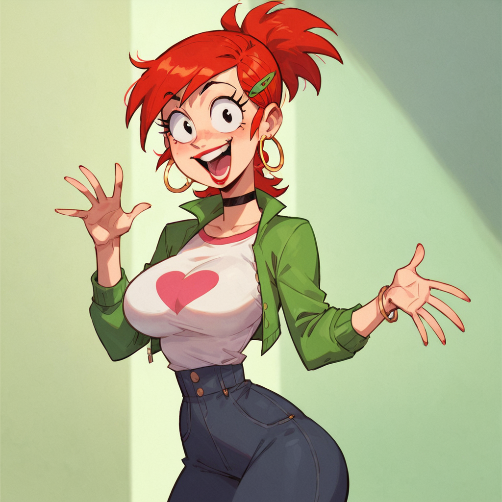 score_9, score_8_up, score_7_up, 1girl, solo, style parody, FrankieIM, red hair, ponytail, black eyes, hoop earrings, lipstick, hairclip, choker, large breasts, narrow waist, wide hips, looking at viewer, highres, high quality, masterpiece, <lora:Imaginary_Frankie:1>