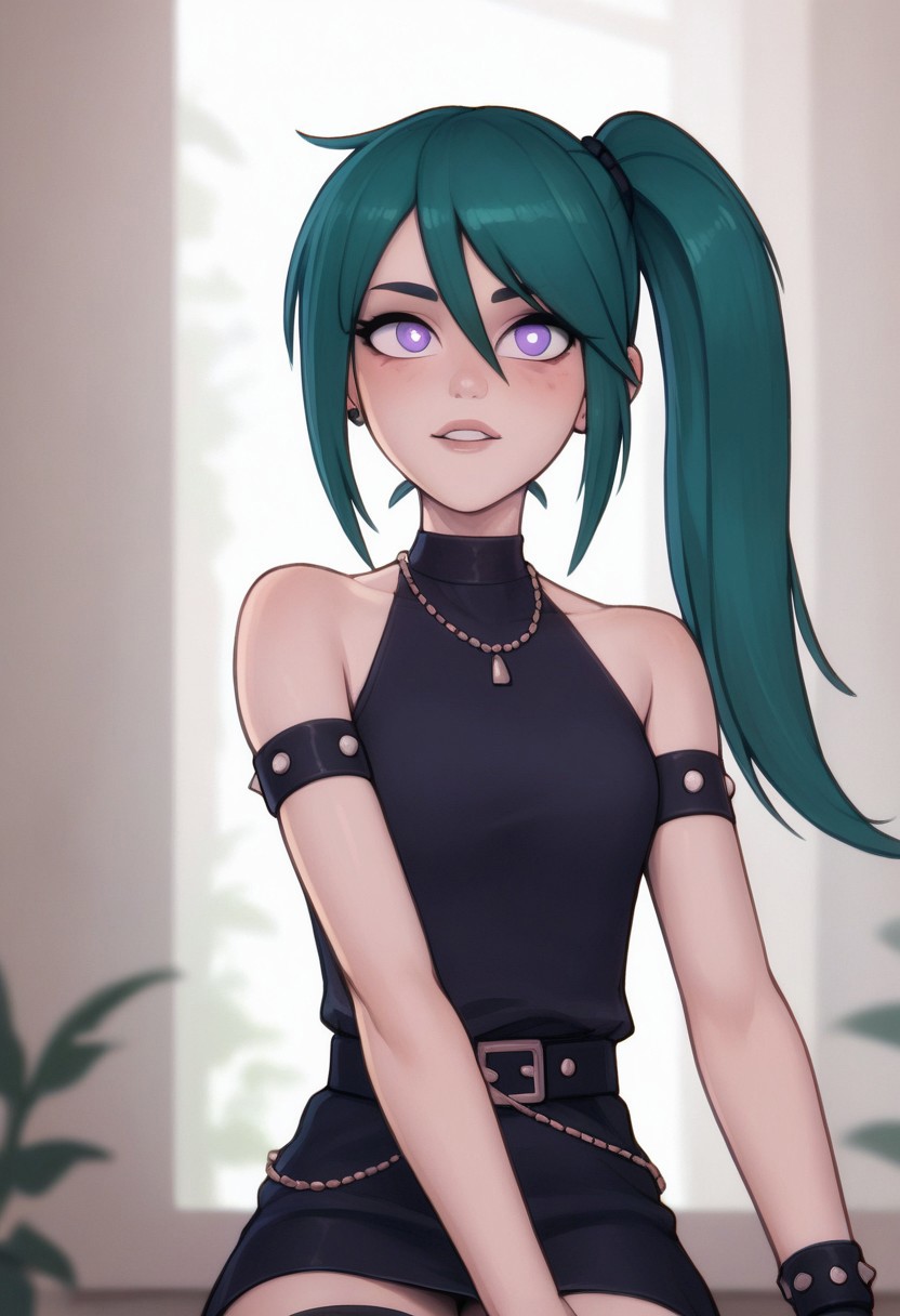 score_9, score_8_up, score_7_up, score_6_up, PRSNL_3_1, uncensored, pupils black dots, lips,
upper body, 
UbelSSnF
green hair, side ponytail, purple eyes
black dress, halterneck, sleeveless, short dress, black belt, armlet, arm strap, single glove, thigh strap