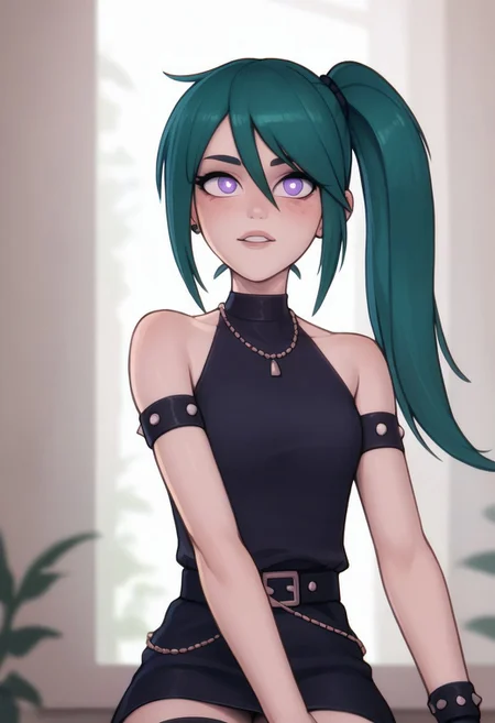 score_9, score_8_up, score_7_up, score_6_up, PRSNL_3_1, uncensored, pupils black dots, lips,
upper body,
UbelSSnF
green hair, side ponytail, purple eyes
black dress, halterneck, sleeveless, short dress, black belt, armlet, arm strap, single glove, thigh strap