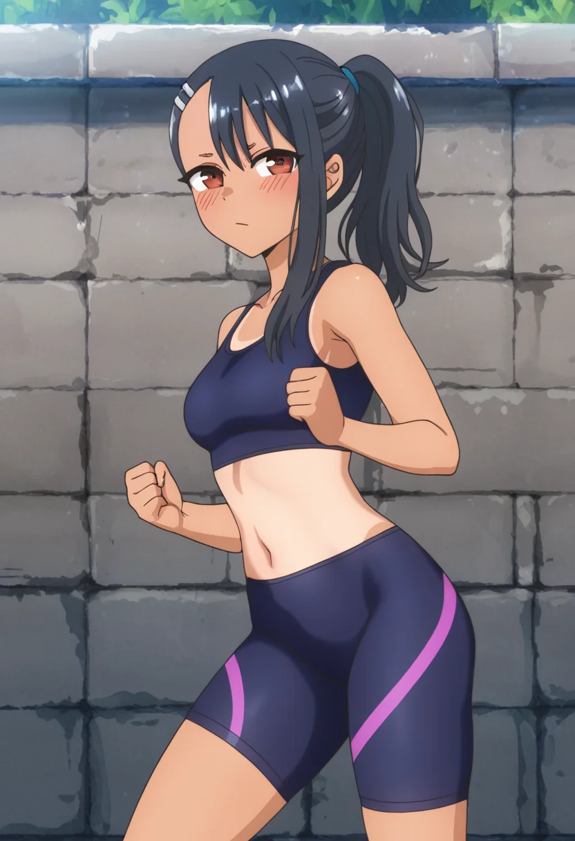masterpiece, best quality, good quality, very awa, newest, highres, absurdres,outdoors, HayaseNagatoro-DontToyWithMeMissNagatoro,
Hayase Nagatoro \(Don't Toy With Me Miss Nagatoro\), 1girl, solo, long hair, breasts, looking at viewer, blush, bangs, black hair, hair ornament, brown eyes, medium breasts, closed mouth, ponytail, cowboy shot, small breasts, outdoors, shorts, hairclip, midriff, dark skin, from side, dark-skinned female, crop top, alternate hairstyle, tan, bike shorts, clenched hands, tanlines, sports bra, asymmetrical bangs, one-piece tan, wall, brick wall, earclip, stone wall
,<lora:Hayase Nagatoro (Don't Toy With Me, Miss Nagatoro) Illustrious v3:0.8>