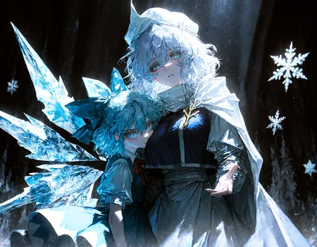 2girls, letty_whiterock, snowflakes, cirno, looking at viewer, 
rella, rolua, negative space, cinematic shot, very awa,quasarcake, retro_artstyle, retro,
masterpiece, best quality, amazing quality, very aesthetic, absurdres,  newest, (volumetric lighting), <lora:Snowflake:0.7>,<lora:ponyv5_noobE11_1_adamW:0.6>, <lora:add-detail-xl:0.5>, <lora:cfg_scale_boost:0.5>, <lora:retro_scifi_artstyle:0.6>, <lora:USNR STYLE_XL_loha:0.6>