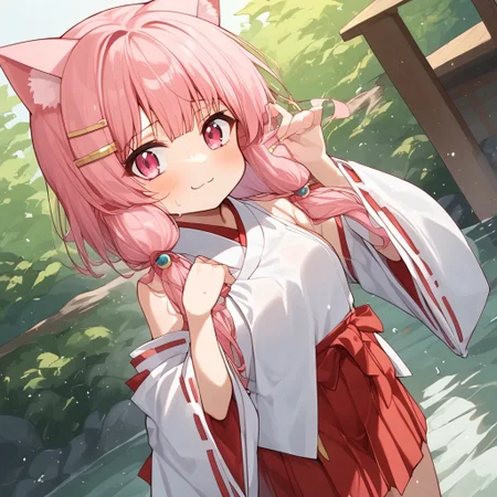 Aomokoka Style,nochekaisershot,
1girl,japanese clothes, hairclip, wide sleeves, ribbon trim, long sleeves, hakama skirt, miko, sleeves past wrists, red hakama, white kimono, tabi, ribbon-trimmed sleeves, pinching sleeves,yuika3,cat ears,Expressiveh,nochekaisershot,pink hair,solo,pink eyes