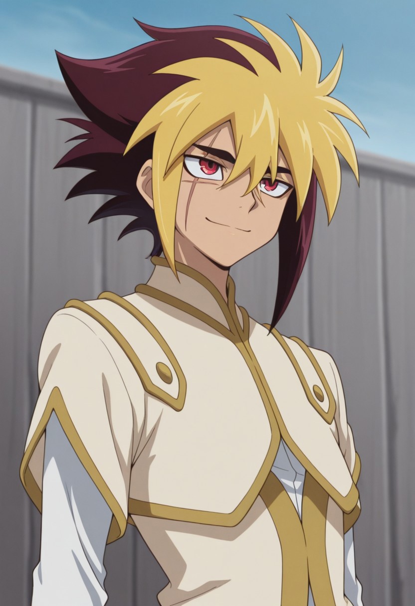 masterpiece,best quality,amazing quality, source_anime, 
Thomrclight, 1boy, male focus, solo, red eyes, scar across eye, multicolored hair, brown hair, blonde hair, shirt, white shirt, coat, brown coat, short over long sleeves,  outdoor, smile, closed mouth,