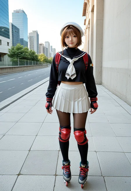 score_9, score_8, score_7, a high detail RAW color professional photo of a 18yo beautiful stunning plump woman posing for a picture, Kinomoto_Sakura, green_eyes, brown_hair, short_hair, antenna_hair, hair_intakes, perfect anatomy wide hips, narrow waist, broad shoulders, beret, white headwear, white_skirt, pleated_skirt, black_shirt, white_sailor_collar, white_neckerchief, long_sleeves, backpack, pantyhose, knee pad,elbow, pad,wrist pad, black inline skates, oversize clothes pose, standing, outdoors, cityscape, blue sky, soft lighting, 8k, perfect lighting, cinematic lighting, highly detailed eyes, highly detailed pupils, highly detailed face, highly detailed skin texture, highly detailed facial features, highly detailed hair texture, highly detailed body, highly detailed hands and fingers, highly detailed nails, highly detailed background, full-body shot, looking at the viewer, f/2.8, 50mm focal length, ISO 200, photographed on a Canon EOS 90D Camera