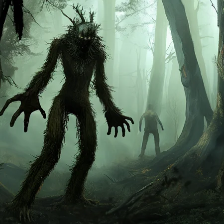 A lone person standing in a spooky forest, art by ScaryMonstersv2