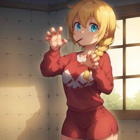 pixel-art, score_9, score_8_up, score_7_up, score_6_up, score_5_up, score_4_up BREAK source_anime, 1girl, solo, (small-waisted:1.05), claw pose, pretty elated face, braided hairstyle, <lora:muchinPonyXL32.0.94tx2-000006:0.85> BREAK standing at a window, sunset, sideways, indoors, rating_questionable, low-res, blocky, pixel art style, 8-bit graphics
