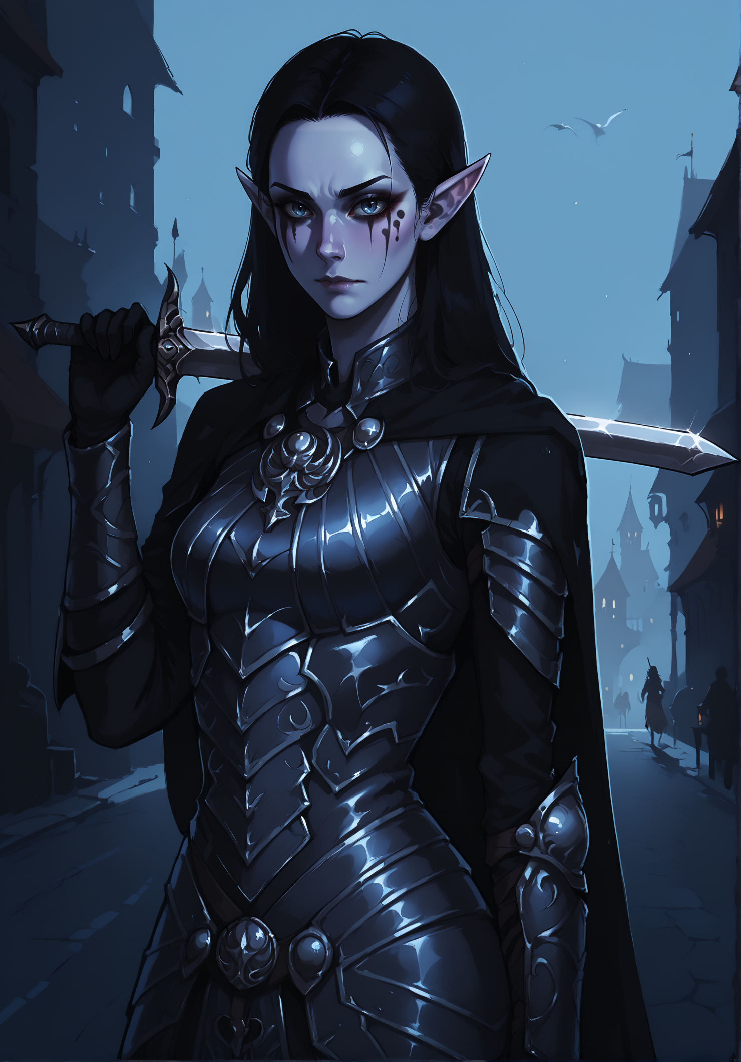 score_9, score_8_up, score_7_up, score_6_up, dark theme, low light,lowlight, moonlight, 1girl, black hair, open forehead, pointed ears, face paint, n1ghtinga1e,sly, armor, solo, half body,holding sword-over-shoulder, weapon over shoulder,  <lora:n1ghtinga1e_armor:0.9>,  medieval city street, outdoors,  <lora:NAI3 Smooth Boys Low Light Style LoRA_Pony XL v6:0.8> <lora:NoctFlatStyleV4:0.5> <lora:sword_over_shoulder:0.8>