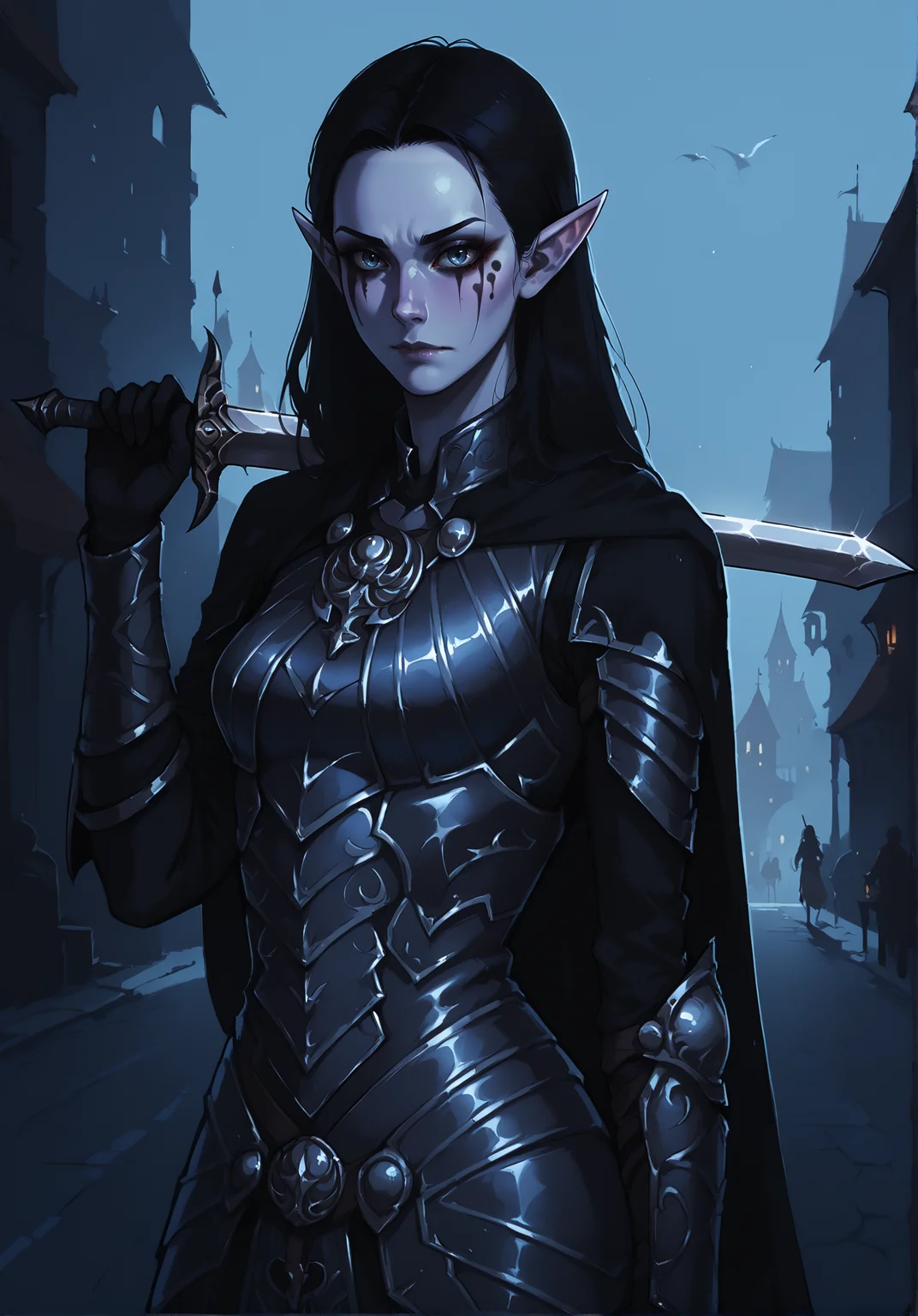 score_9, score_8_up, score_7_up, score_6_up, dark theme, low light,lowlight, moonlight, 1girl, black hair, open forehead, pointed ears, face paint, n1ghtinga1e,sly, armor, solo, half body,holding sword-over-shoulder, weapon over shoulder, <lora:n1ghtinga1e_armor:0.9>, medieval city street, outdoors, <lora:NAI3 Smooth Boys Low Light Style LoRA_Pony XL v6:0.8> <lora:NoctFlatStyleV4:0.5> <lora:sword_over_shoulder:0.8>