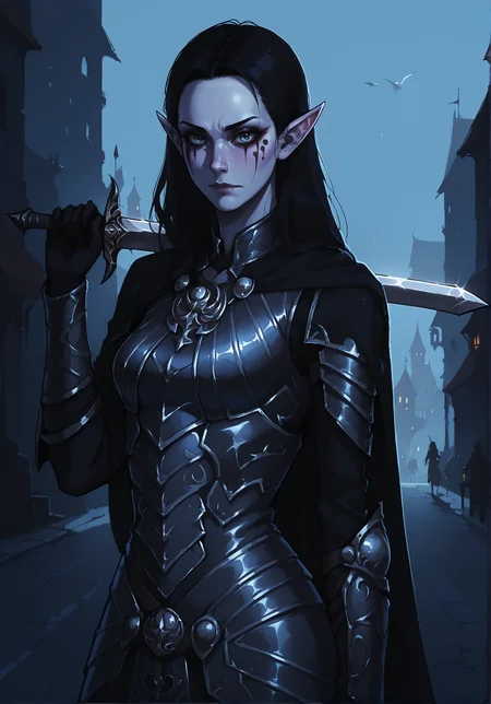 score_9, score_8_up, score_7_up, score_6_up, dark theme, low light,lowlight, moonlight, 1girl, black hair, open forehead, pointed ears, face paint, n1ghtinga1e,sly, armor, solo, half body,holding sword-over-shoulder, weapon over shoulder, <lora:n1ghtinga1e_armor:0.9>, medieval city street, outdoors, <lora:NAI3 Smooth Boys Low Light Style LoRA_Pony XL v6:0.8> <lora:NoctFlatStyleV4:0.5> <lora:sword_over_shoulder:0.8>