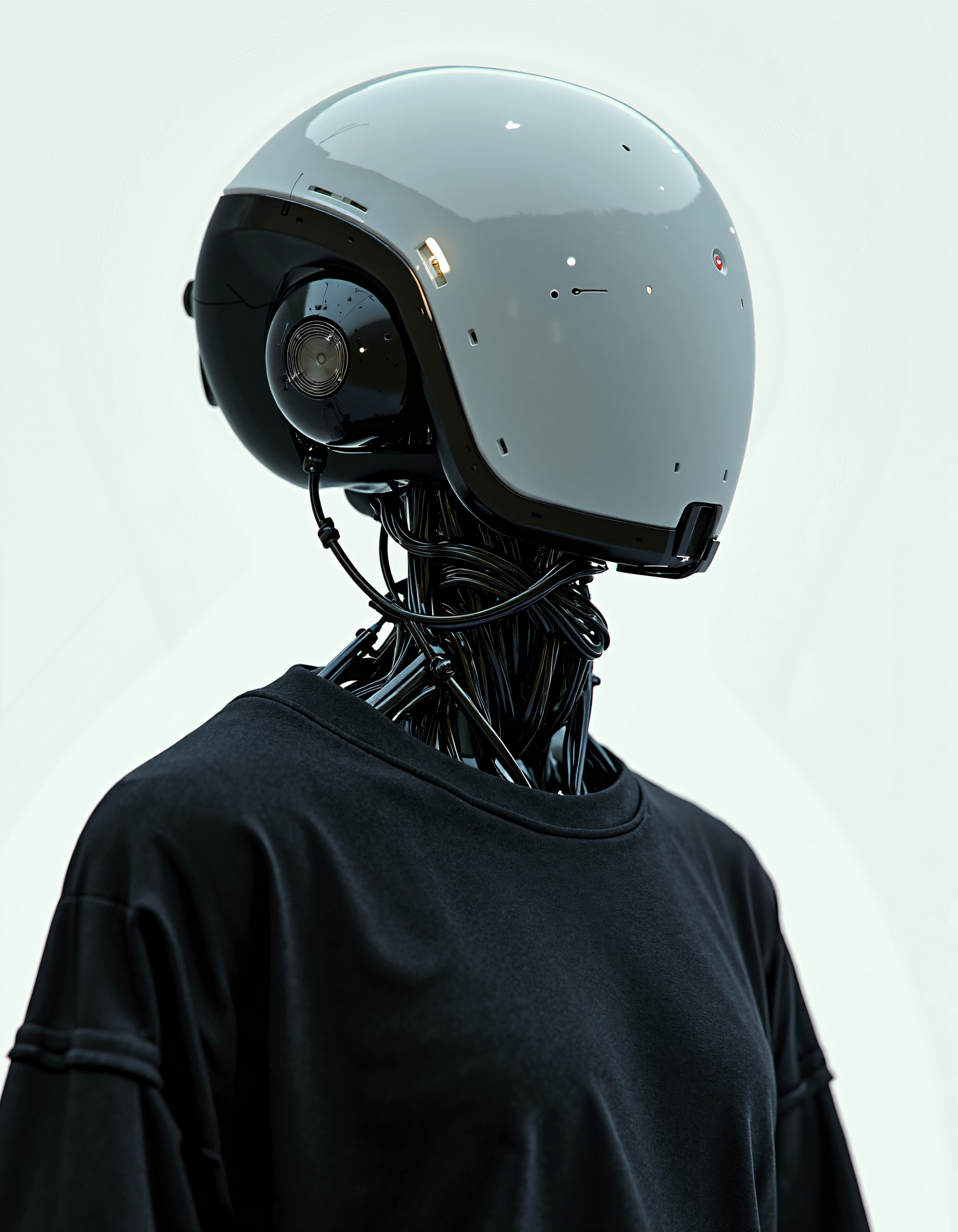 UNI_SCI_FI_CORE  
profile headshot of a faceless robot wearing an oversized black tee, aesthetically pleasing, hyper-realistic and highly detailed, pure white background, gorgeous small accent lights