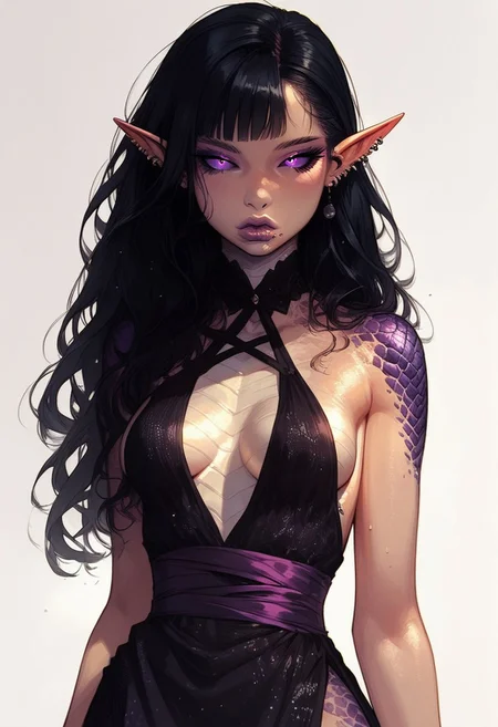 score_9, score_8_up, score_7_up, high detailed, high quality, masterpiece, no text, quality highlights, 8k detail, detailed background, source_anime, dynamic view, hentai, ultra-detailed,
...
1girl, (((solo))), pale elf, female focus, expressiveh, (young), (cold skin),
(black hair), purple sclera, ((irises like moons, silver iris)), (long hair), elegantly pinned hair,
((round hips)), (small breasts), lips,
(incredibly sexy), sexy pose, pose, ((scales, dragon scales)), ((piercing in lips))
...
closed mouth,
((An elegant gown, a dress of belts, a dress of ribbons, black collar, center opening, side slit, high-waist sideboob)),
cowboy shot, looking at viewer, raised hand, green flame in hand, gold makeup, purple lips,
sitting, posing, close-up,
...
(((white simple background)))