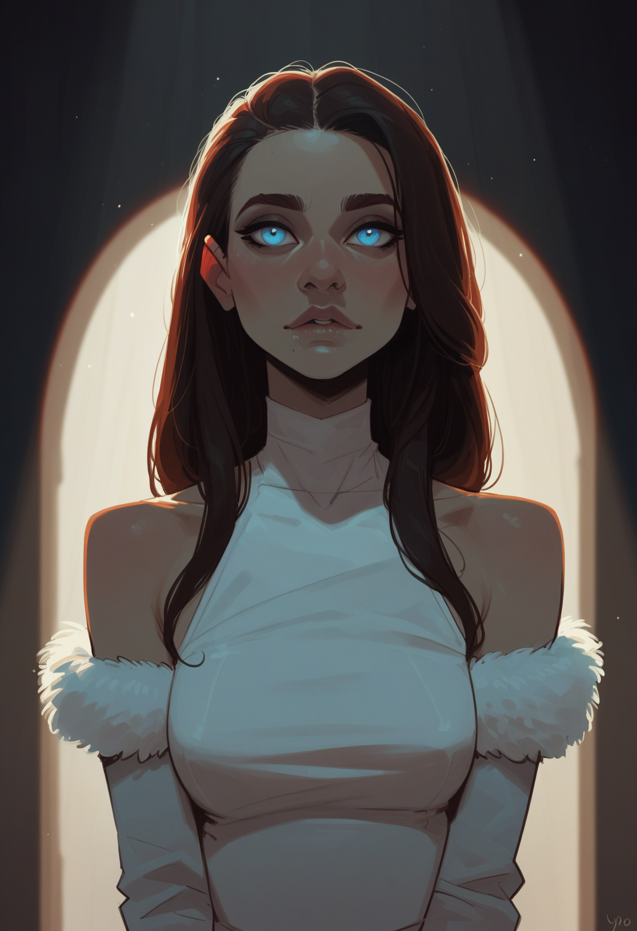 score_9, score_8_up, score_7_up, score_6_up, 1girl, portrait, petite, 25yo, perfect nose, skinny, snub nose, thin almond eyes, bright blue eyes, long straight hair, puffy upper lip, small lower lip, bare shoulders, looking at viewer, dramatic light, spotlight, night, (front view:1.1)