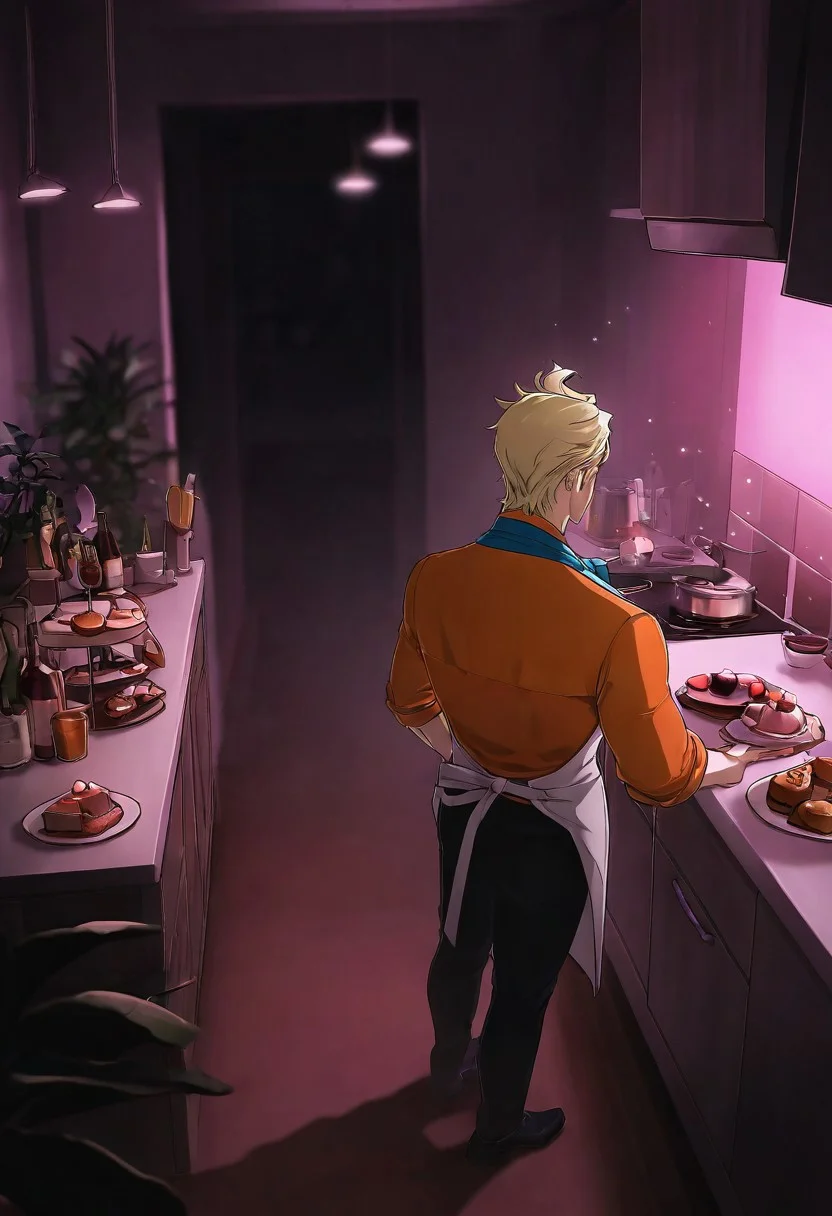 1boy, male focus, muscular, bunet,blonde hair,blue eyes,muscular male,manly,handsome, casual_outfit, orange shirt, shirt, neckerchief, blue neckerchief, white vest, vest, white apron, apron, black pants, shoes
BREAK
indoors, kitchen, kitchen counter, pastries, cakes, coffee table, donuts, drinks, plant, wine bottle, full room, lights,
BREAK
cinematic, dynamic pose, dynamic angle, natural lighting, bloom, subsurface scattering, volumetric lighting, depth of field, light particles, dark, dark room, from above, blue shadows, pink light illuminating from outside, full body, wide shot, chiaroscuro, high contrast, dramatic lighting, very awa, masterpiece, best quality, absurdres, newest, perfect quality, detailed background, intricate details, (chiizu_namasu:0.8), (zhuowang233:0.8), (balnom:0.6) (aixiwuganda \(20222192\):0.8)