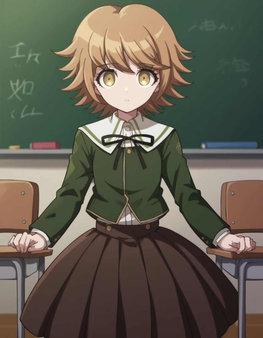 score_9, score_8_up, score_7_up, source_anime, <lora:chihiro-fujisaki-s1-ponyxl-lora-nochekaiser:1>, chihiro fujisaki, short hair, bangs, brown hair, brown eyes, male focus, otoko no ko,, skirt, shirt, long sleeves, ribbon, school uniform, jacket, pleated skirt, black ribbon, neck ribbon, brown skirt, green jacket,, classroom, chalkboard, day time, studying, sitting, chair, desk,, , looking at viewer, hand holding a pencil, solo,, cowboy shot, dutch angle