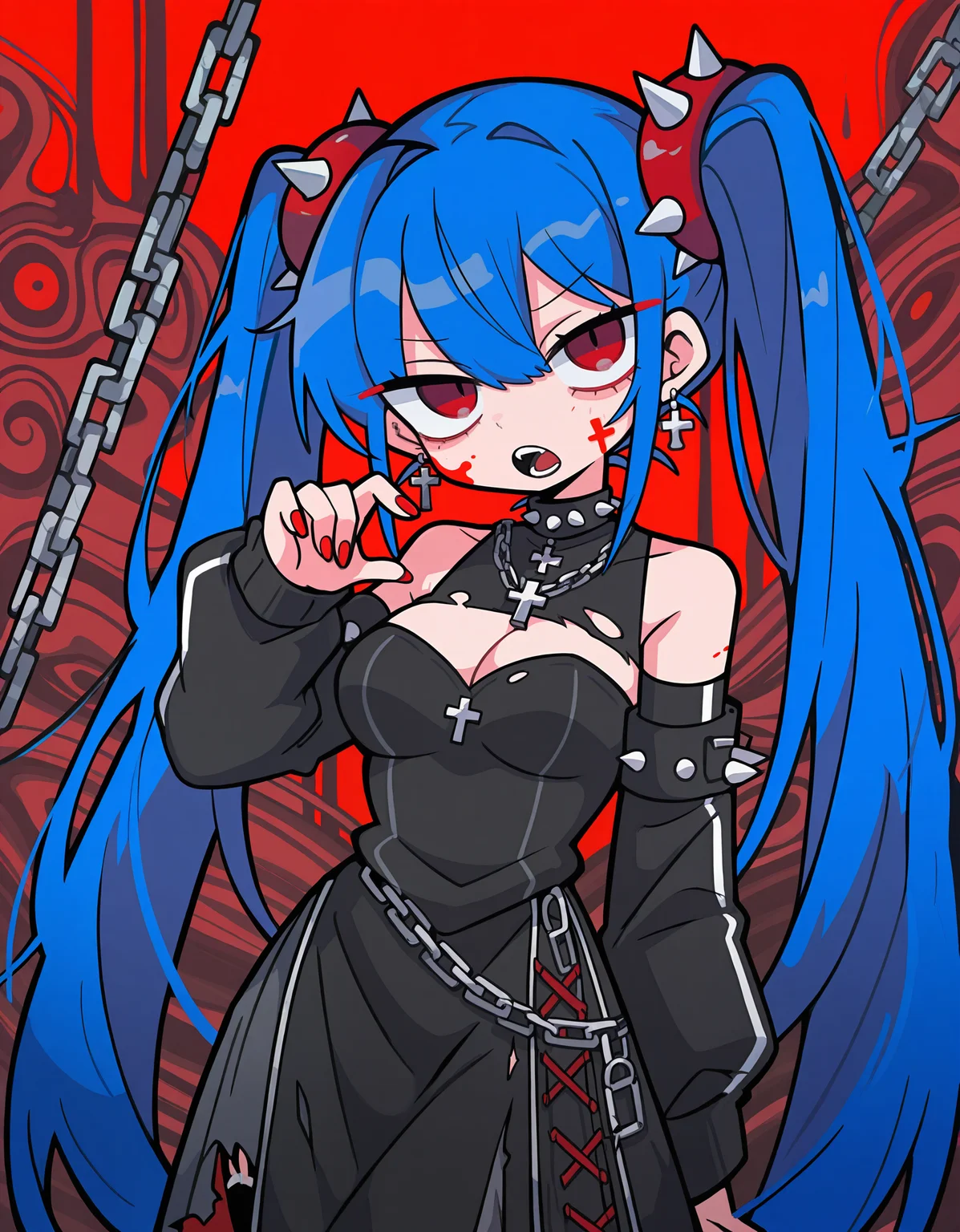 masterpiece, best quality, newest, highres, absurdres, <lora:terad4_style:1>, terad4_illu,paint,abstract background, abstract, 1girl, red eyes, solo, jewelry, blue hair, red background, twintails, chain, earrings, spikes, cross, red nails, open mouth, necklace, long hair, torn clothes, looking at viewer, detached sleeves, breasts, bangs