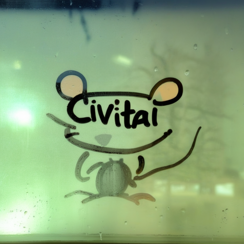 finart A drawing of a rat and the word "CIVITAI" on a window drawing<lora:finart:1>