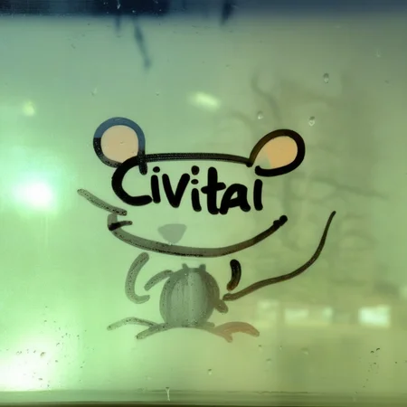 finart A drawing of a rat and the word "CIVITAI" on a window drawing<lora:finart:1>