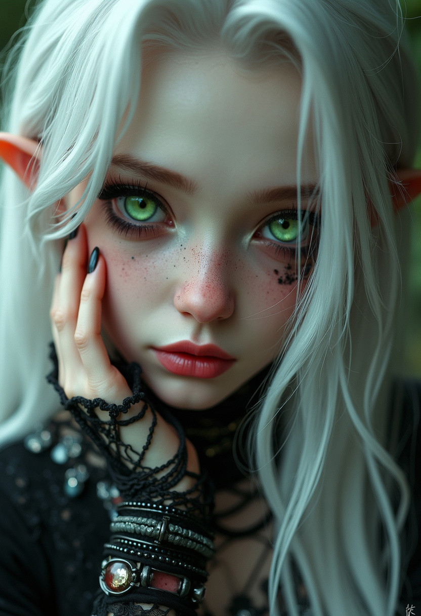 goth girl, white hair, hand on face, gothic jewelry, green jade eyes, realistic, 4k,