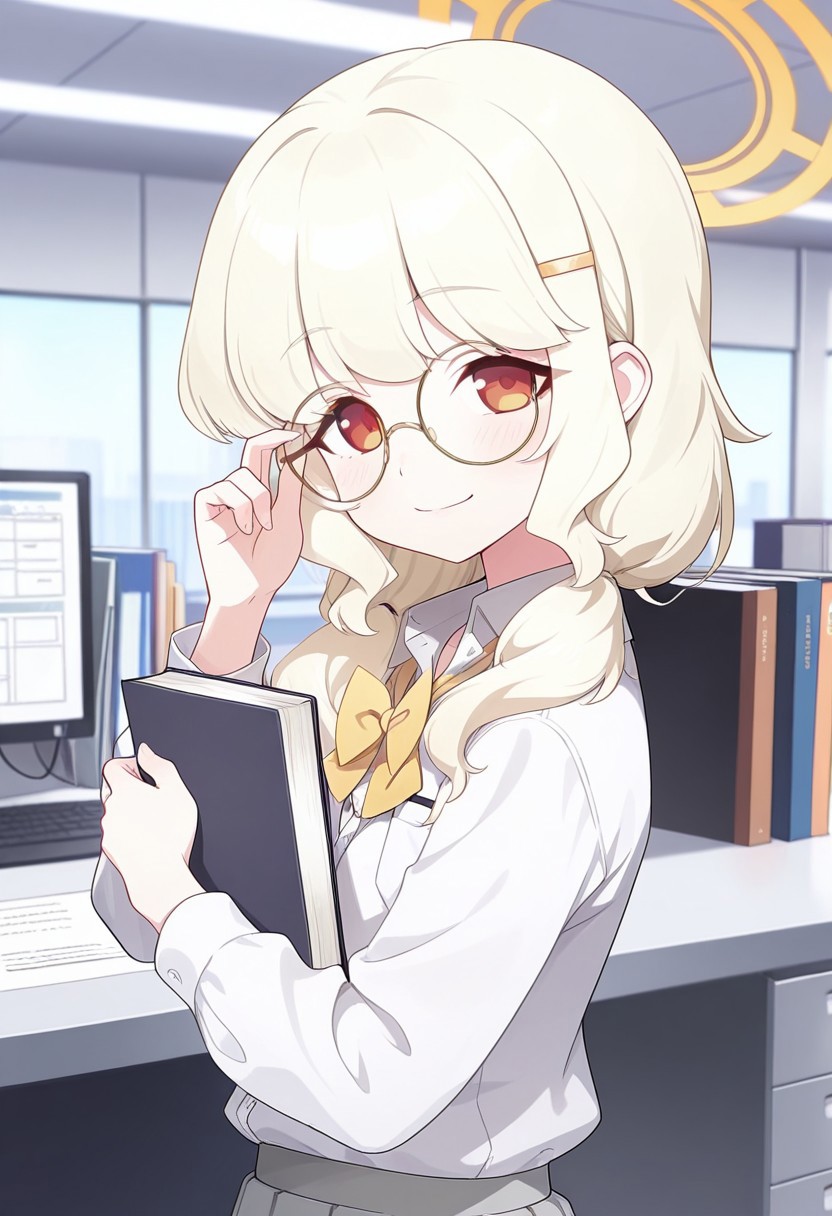 masterpiece, best quality, highly detailed, intricate details, 1girl, petite body, orange eyes, light blonde hair, yellow bowtie, low twintails, fluffy hair, sidelocks, halo, yellow round glasses, school uniform, white shirt, club collar, grey skirt, adjusting eyeglass, holding book to own body, standing, looking back, looking at viewer, coy smile, shoulder, from side, upper body focus, office, modern