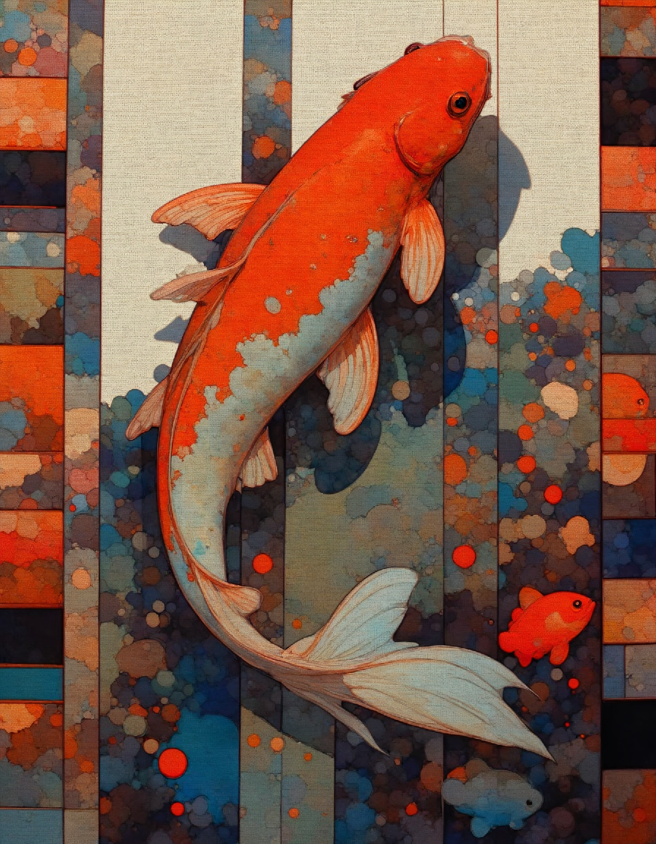 Steve McDonald Art, A single koi fish, rendered in vibrant, luminous colors, swims gracefully through a swirling vortex of abstract patterns. The fish's scales shimmer with iridescent detail, capturing the play of light on water.  The background is a tapestry of vertical lines and shapes, rendered in a painterly style with bold brushstrokes.  The overall composition evokes a sense of movement and energy, blending the organic form of the koi with the dynamic abstract backdrop.  The lighting is dramatic, casting long, flowing shadows that accentuate the fish's sinuous form.